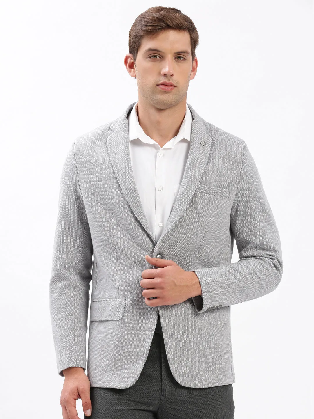 Men Grey Slim-Fit Notched Lapel Collar Single-Breasted Casual Blazer