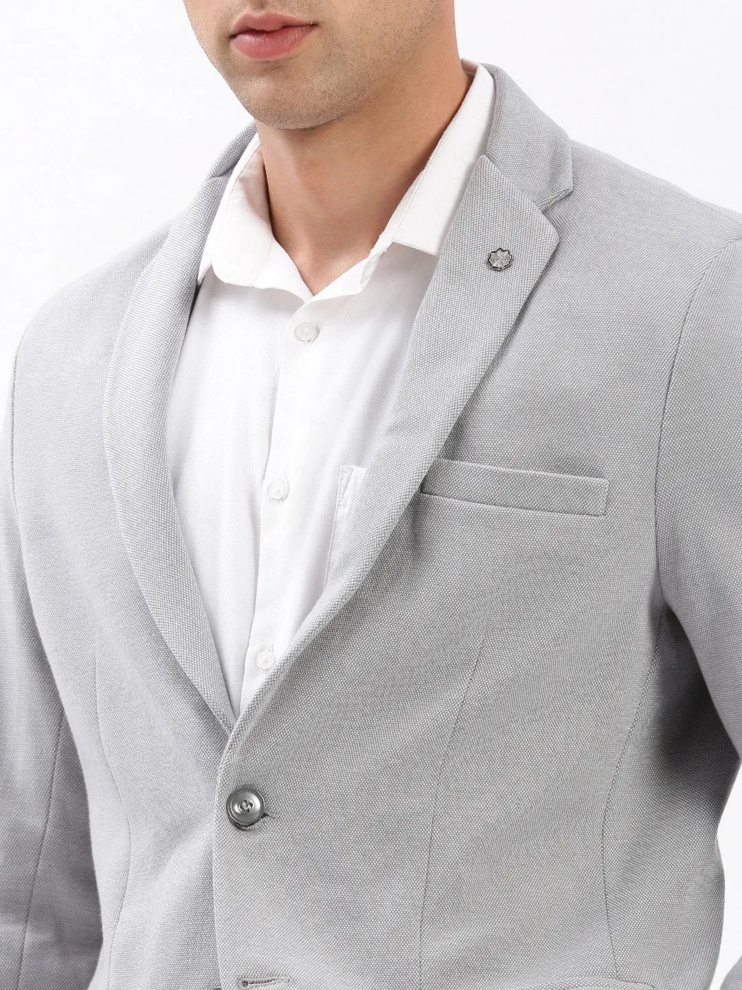 Men Grey Slim-Fit Notched Lapel Collar Single-Breasted Casual Blazer