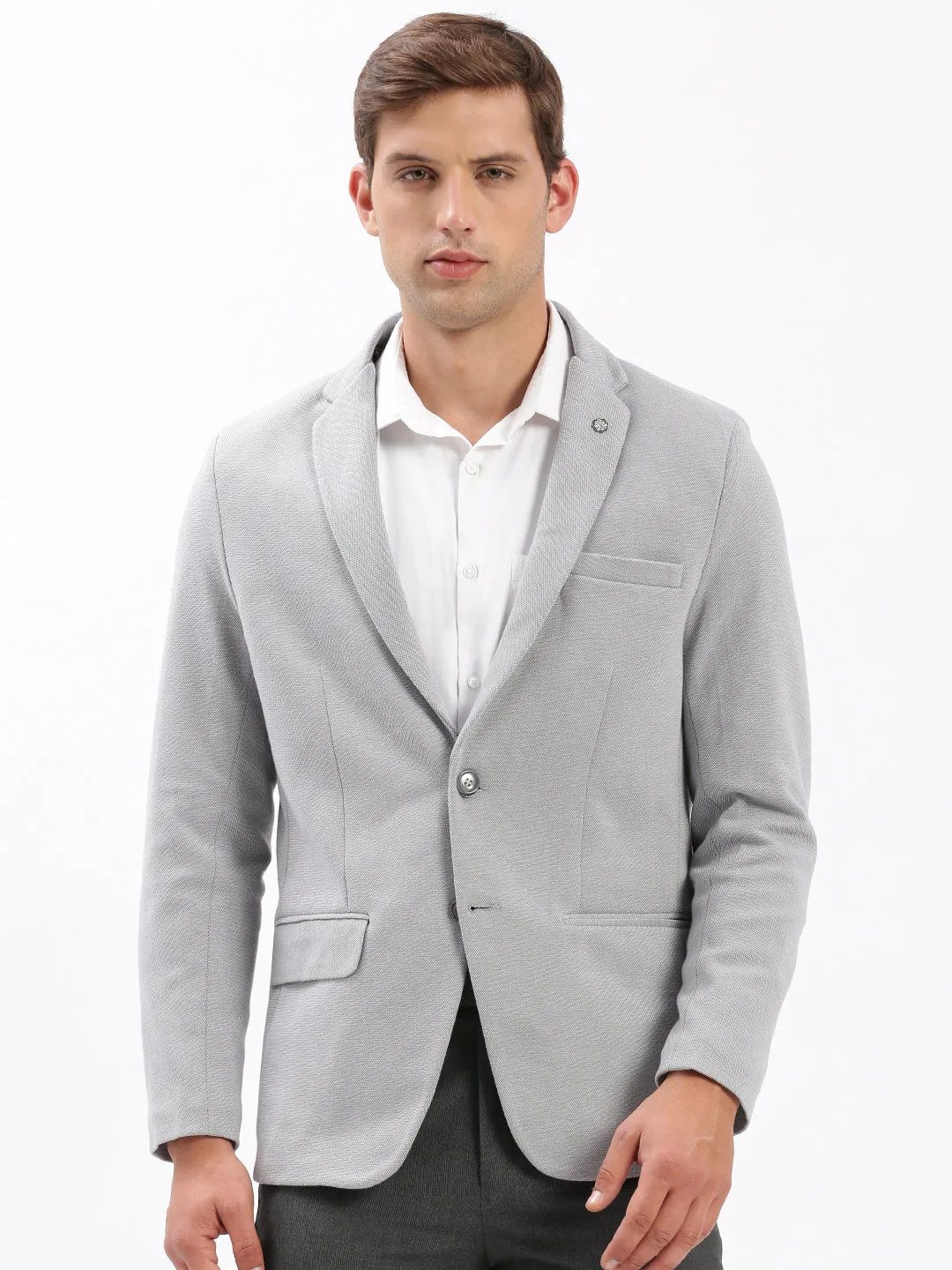 Men Grey Slim-Fit Notched Lapel Collar Single-Breasted Casual Blazer