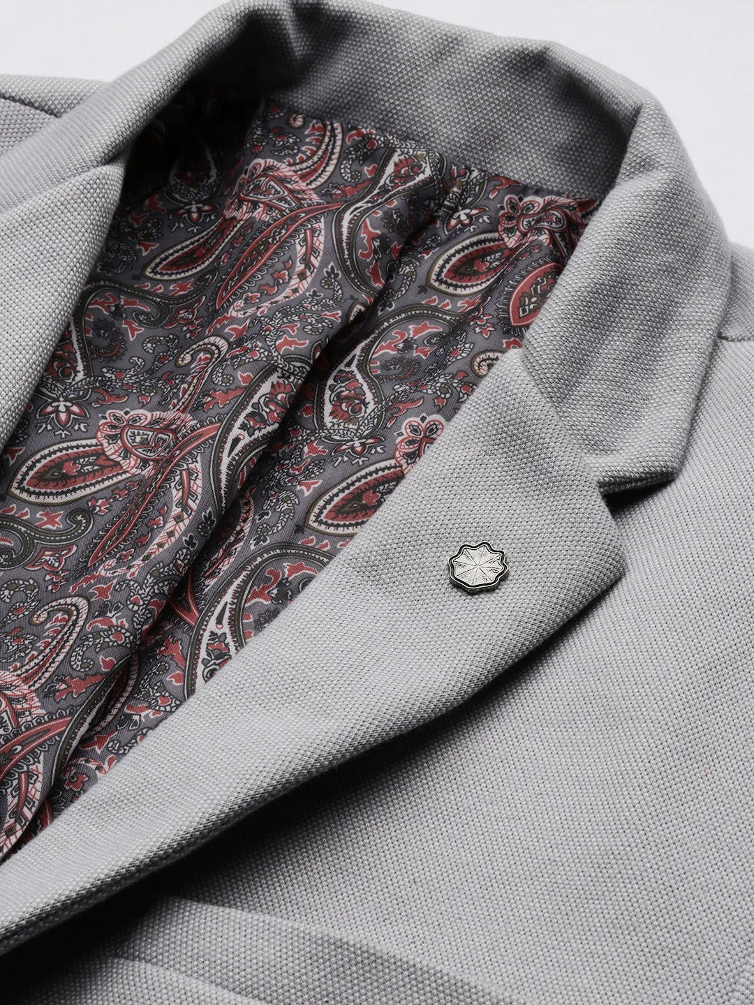 Men Grey Slim-Fit Notched Lapel Collar Single-Breasted Casual Blazer