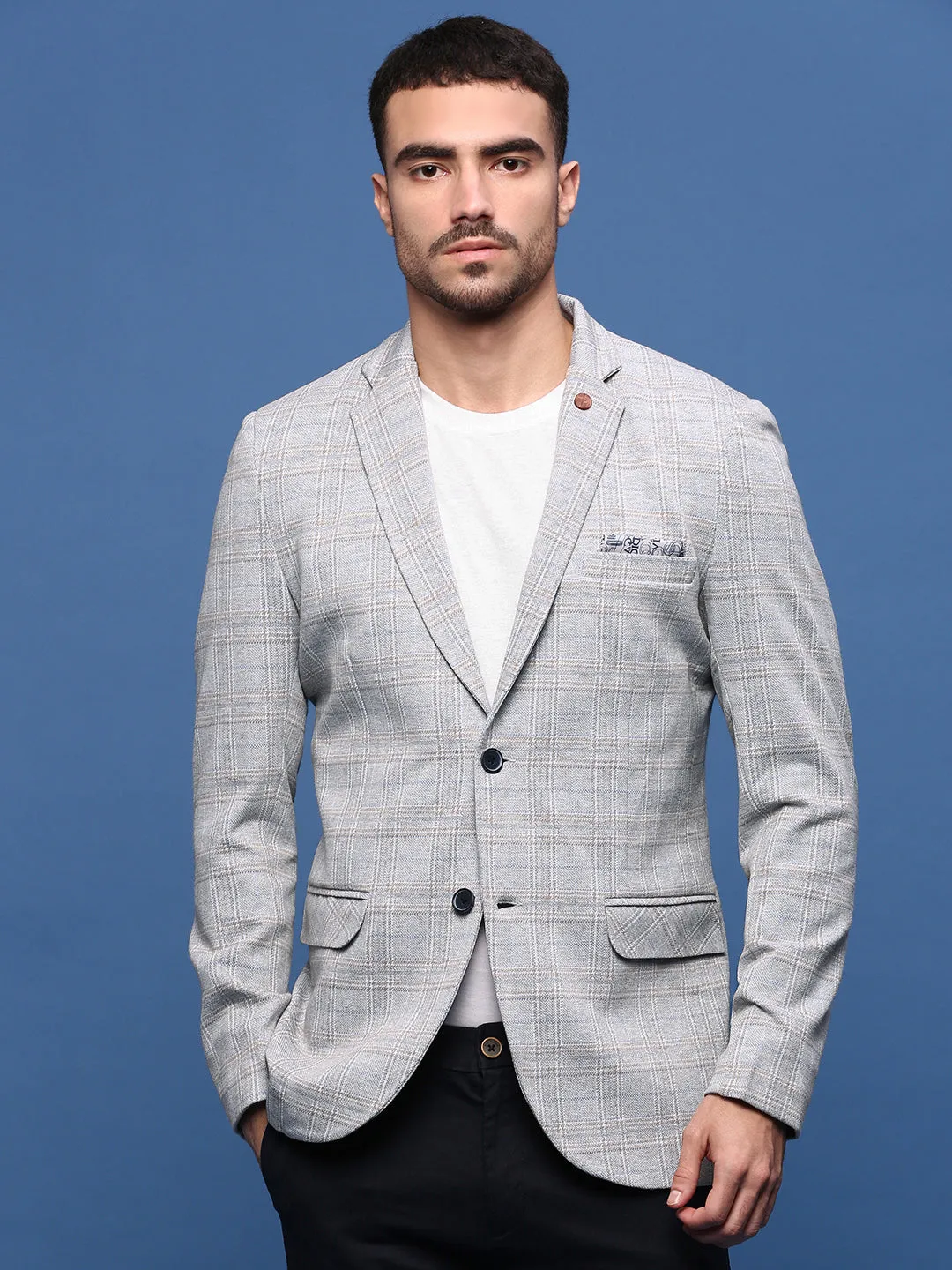 Men Grey Slim Fit Single Breasted Notched Lapel Blazer