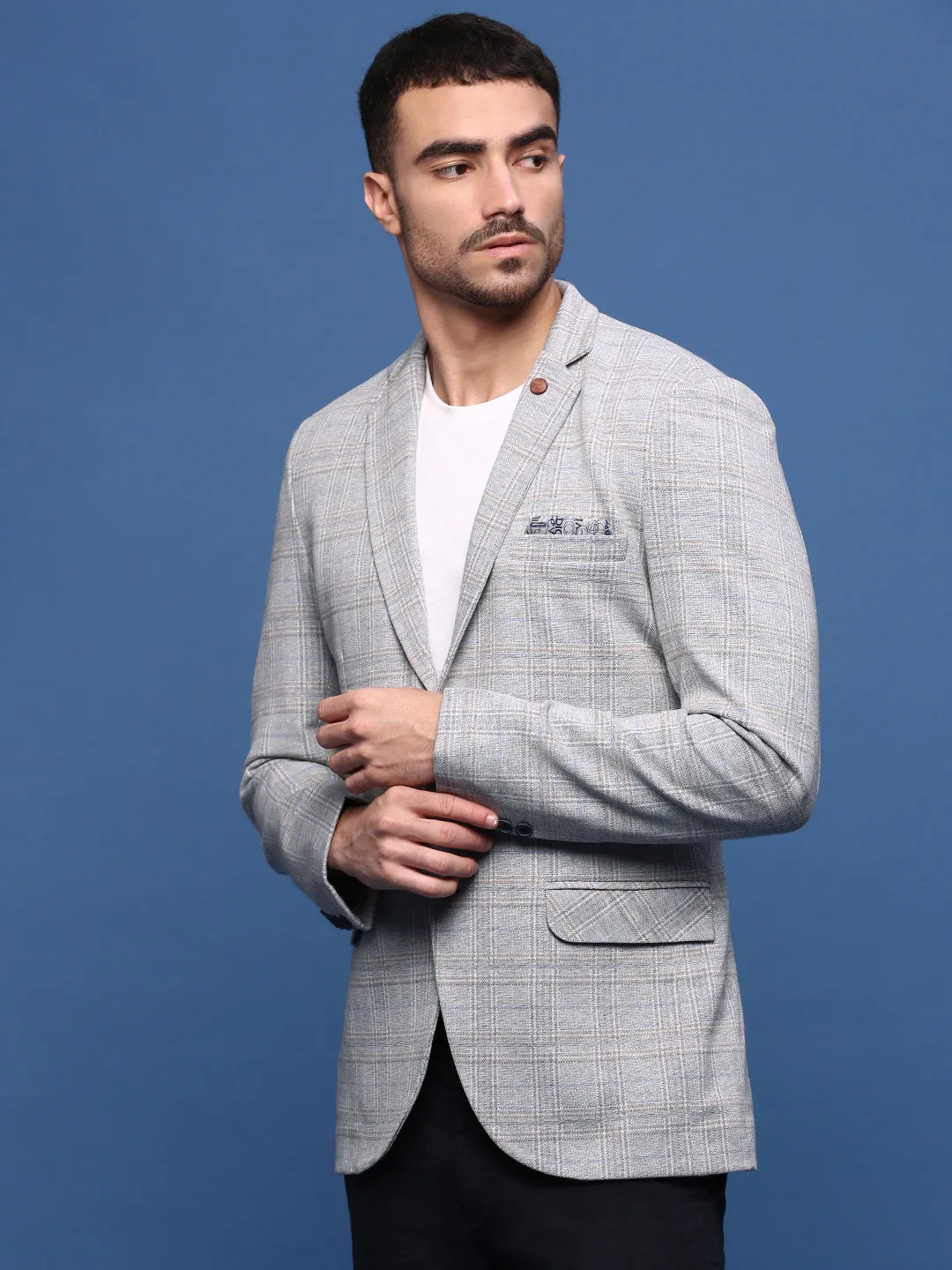 Men Grey Slim Fit Single Breasted Notched Lapel Blazer