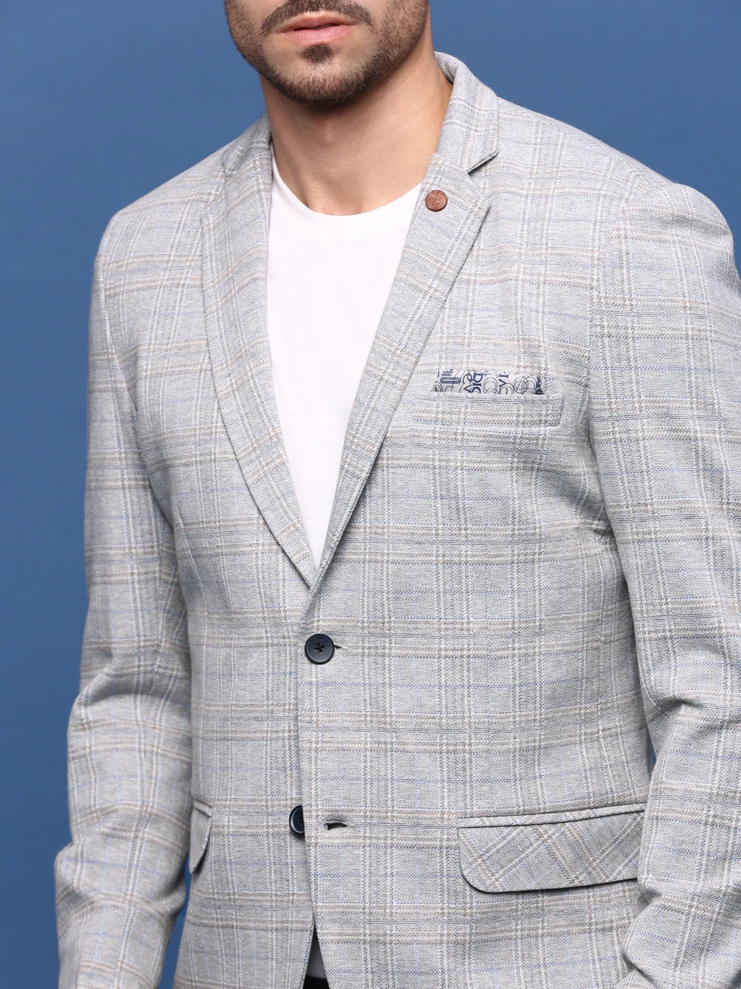 Men Grey Slim Fit Single Breasted Notched Lapel Blazer