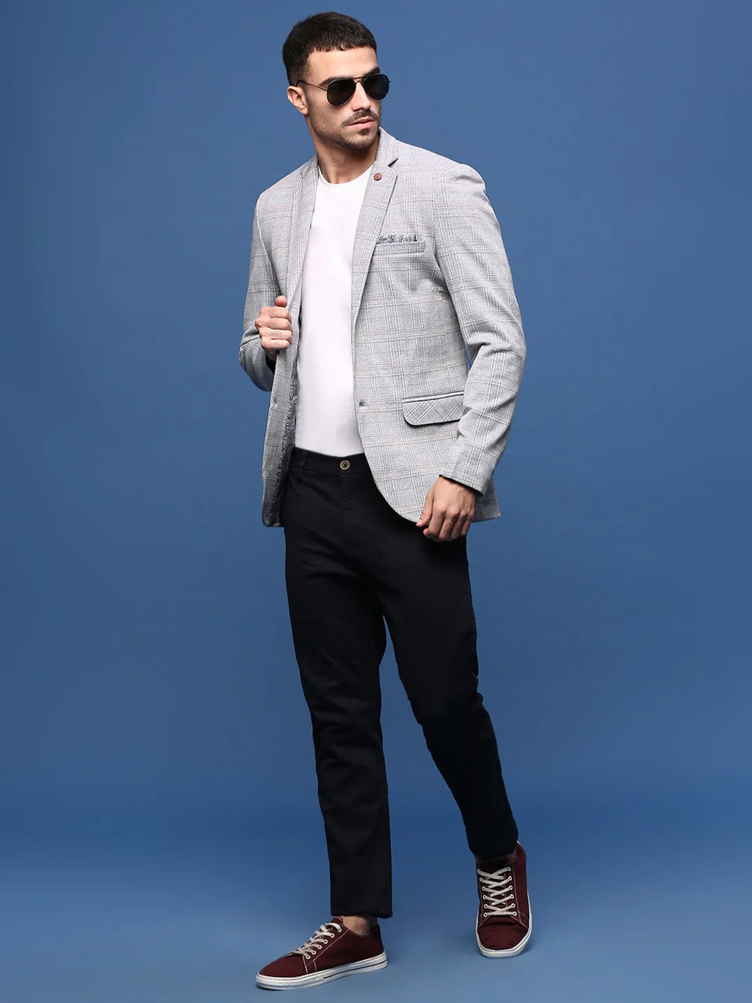 Men Grey Slim Fit Single Breasted Notched Lapel Blazer