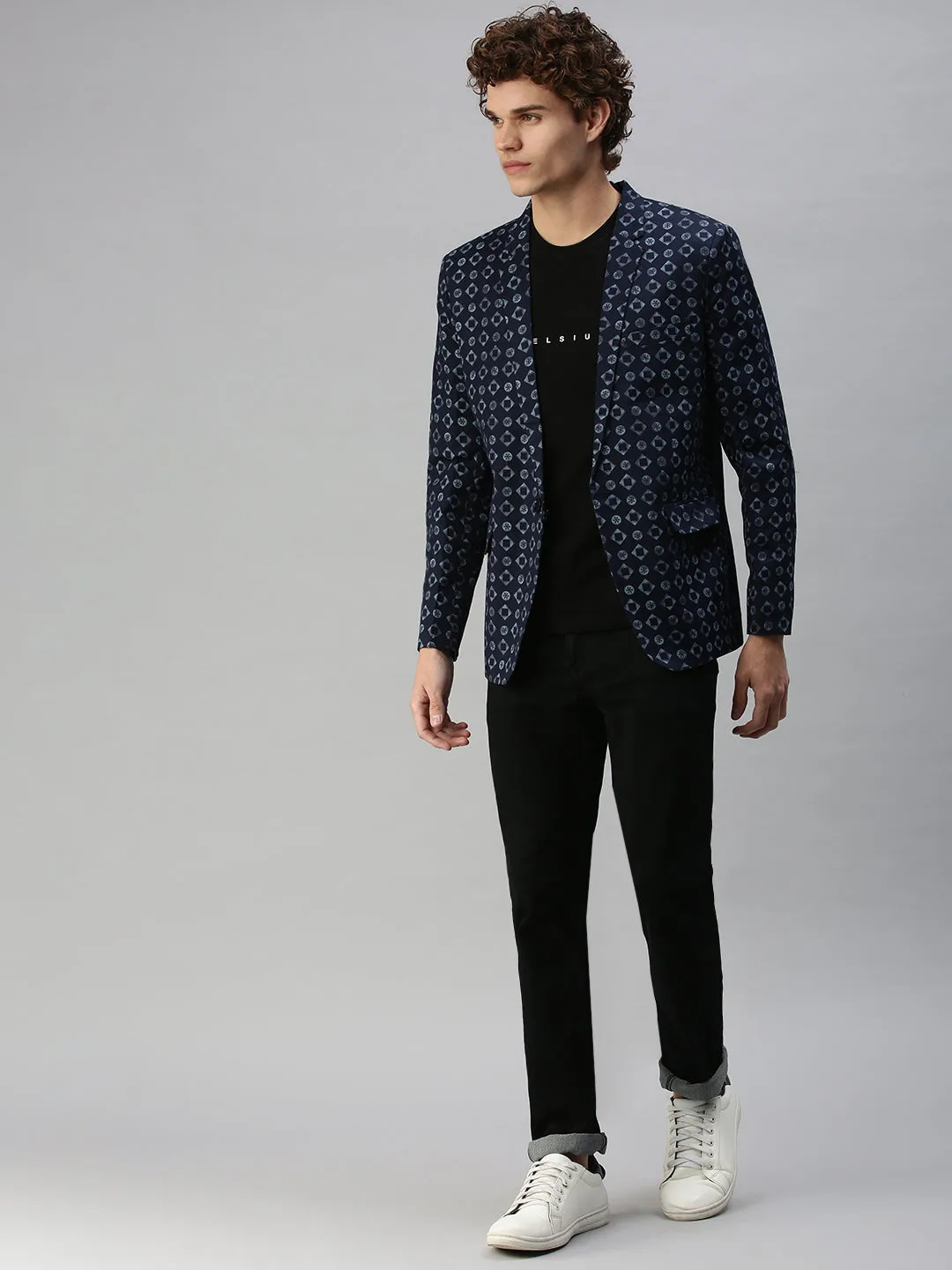 Men Navy Blue Printed Single Breasted Blazer