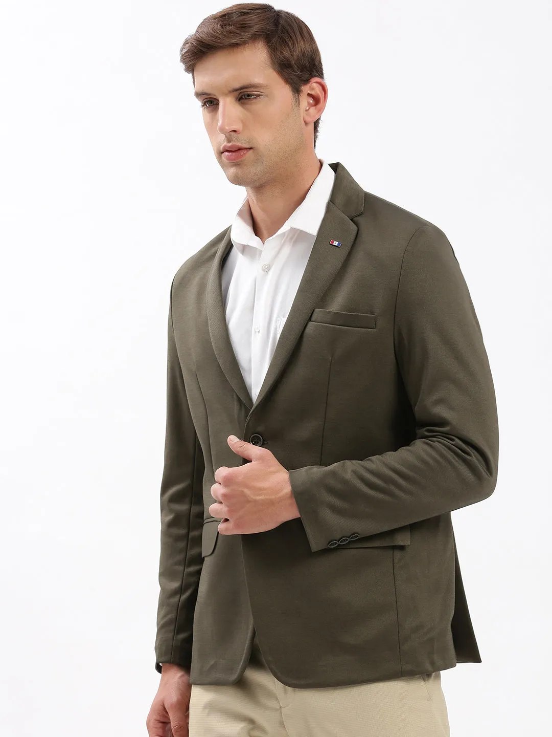 Men Olive Slim-Fit Notched Lapel Collar Single-Breasted Blazer