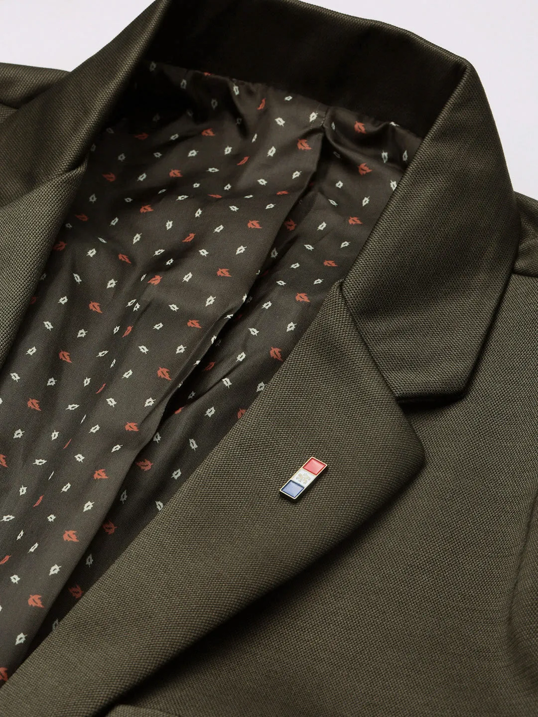 Men Olive Slim-Fit Notched Lapel Collar Single-Breasted Blazer