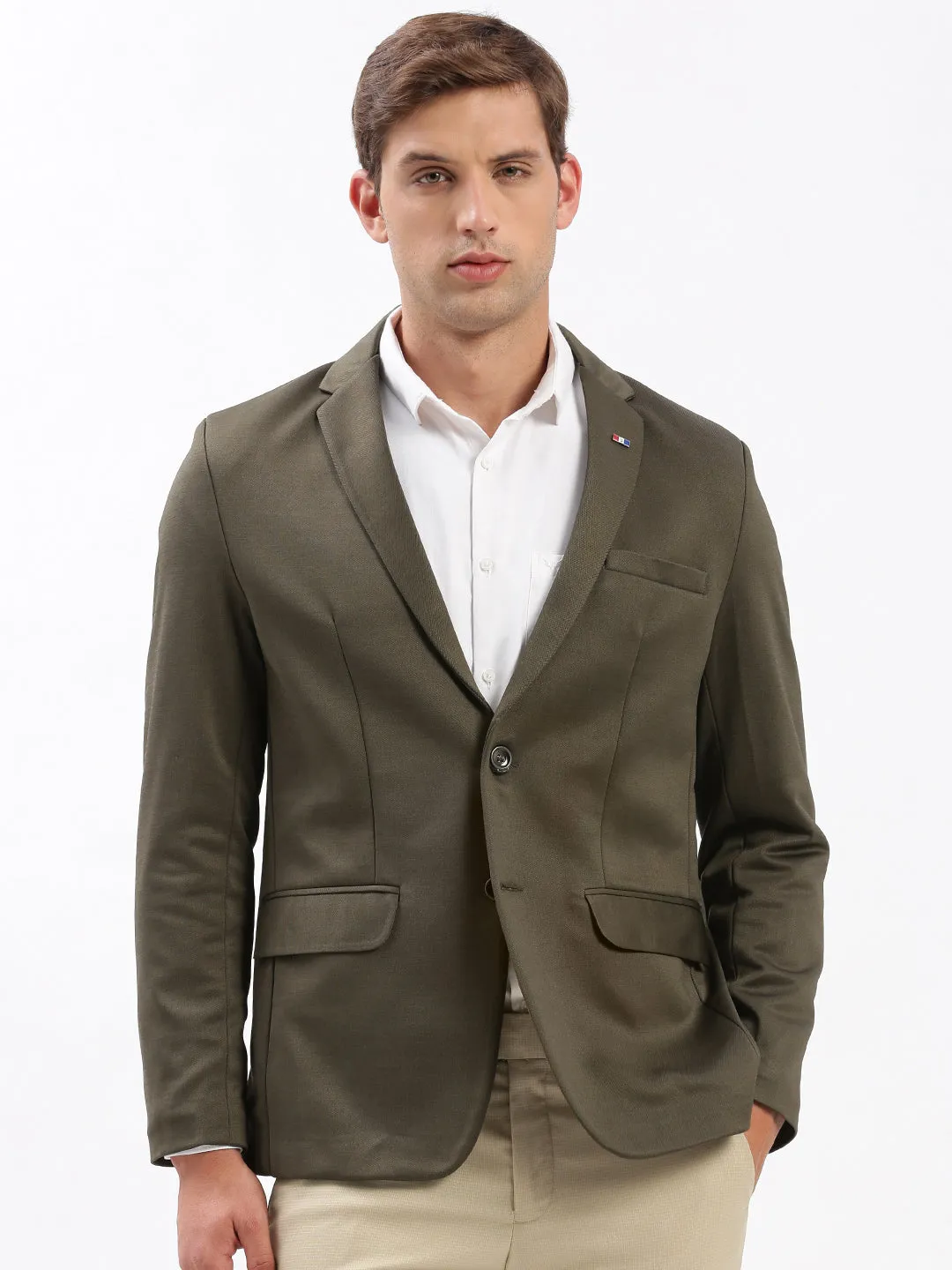 Men Olive Slim-Fit Notched Lapel Collar Single-Breasted Blazer