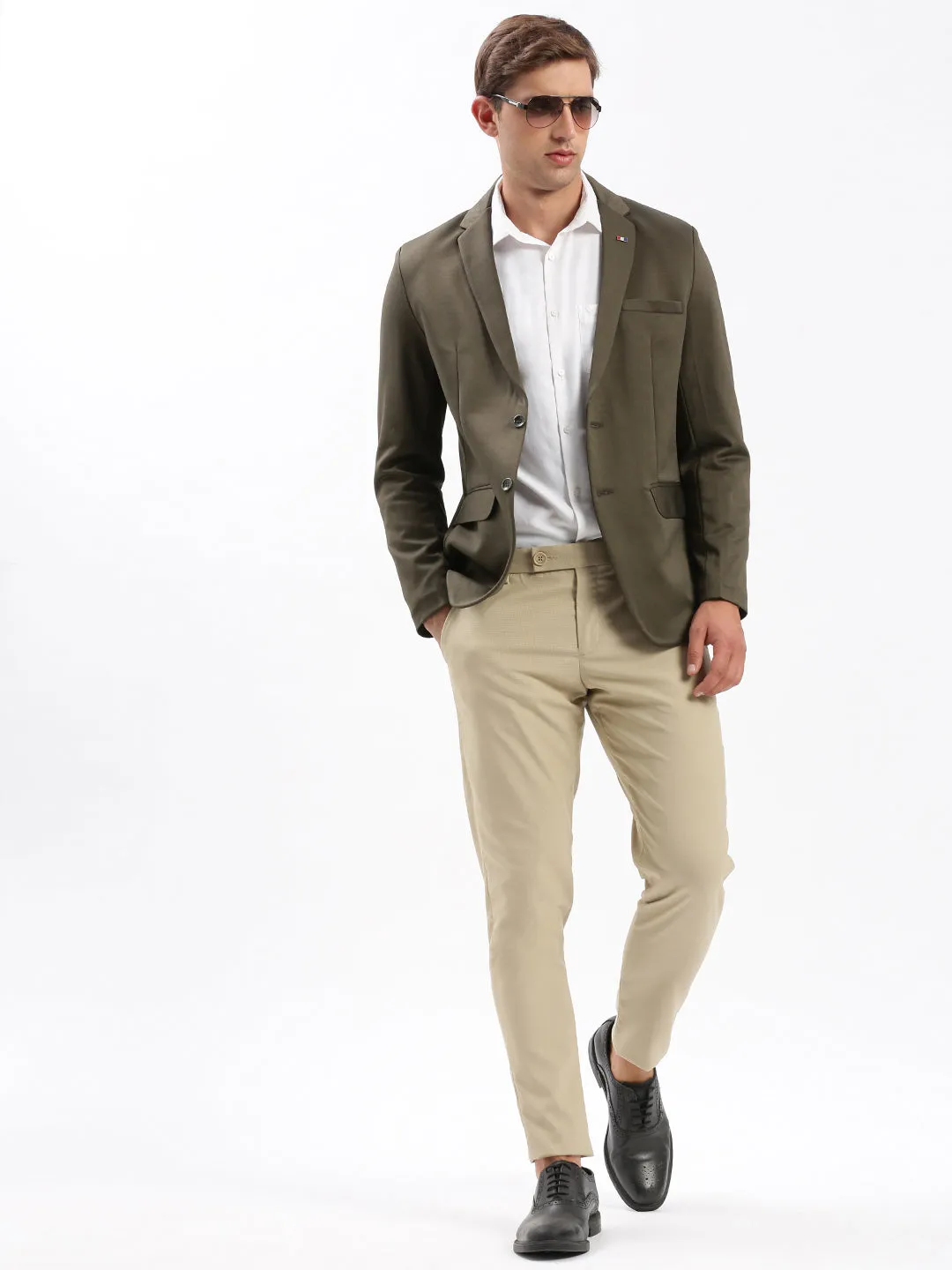 Men Olive Slim-Fit Notched Lapel Collar Single-Breasted Blazer