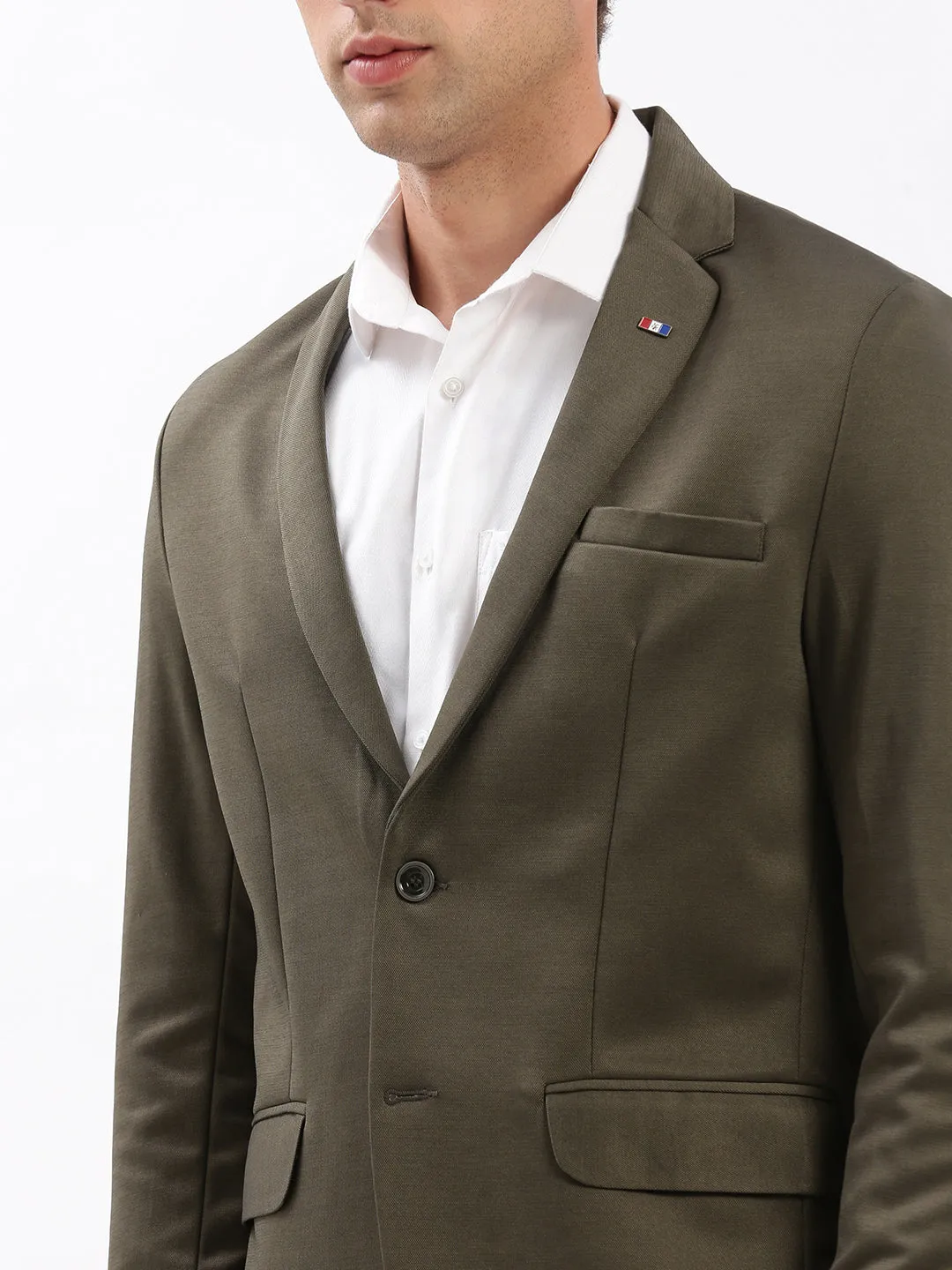 Men Olive Slim-Fit Notched Lapel Collar Single-Breasted Blazer