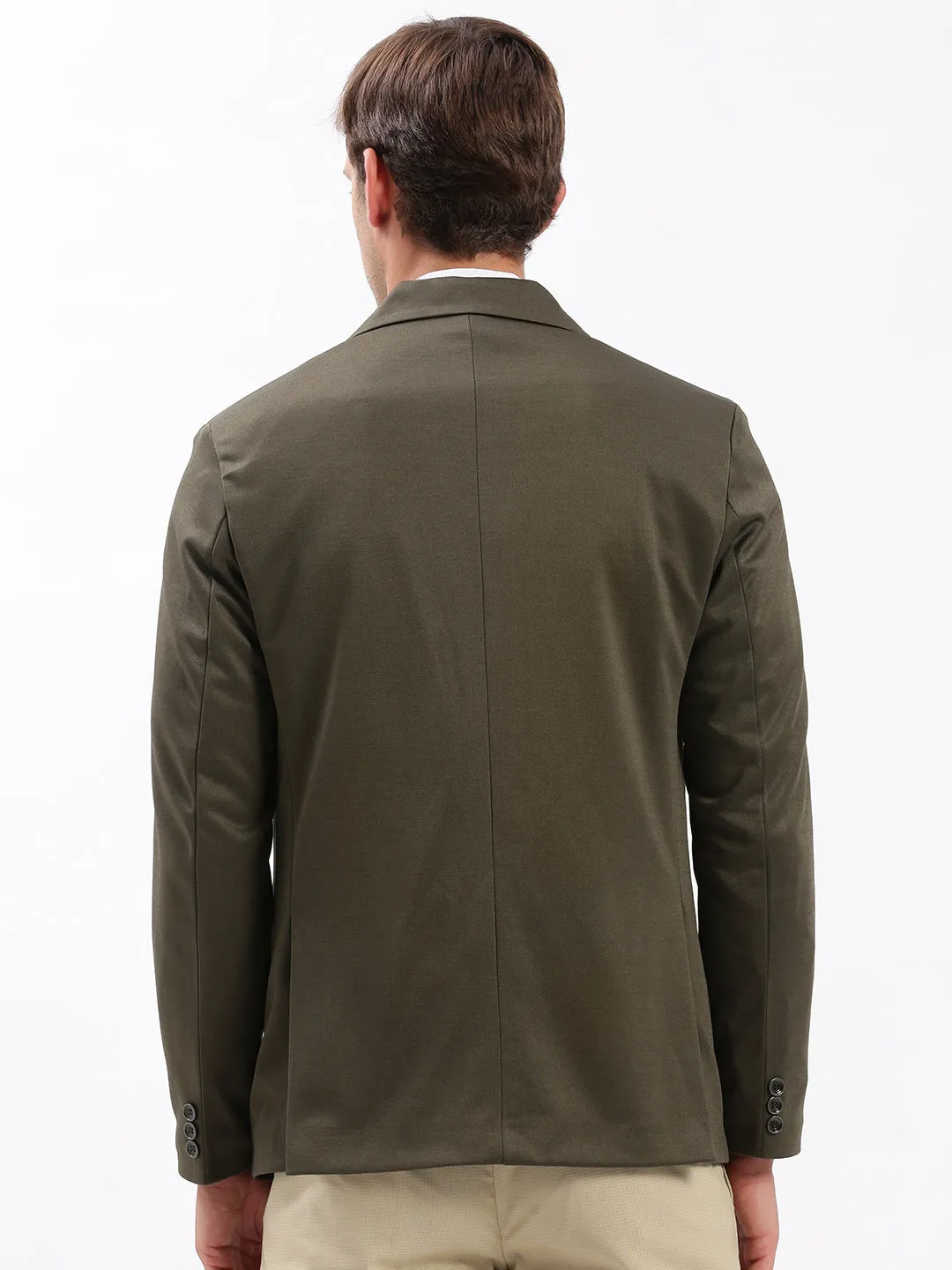 Men Olive Slim-Fit Notched Lapel Collar Single-Breasted Blazer