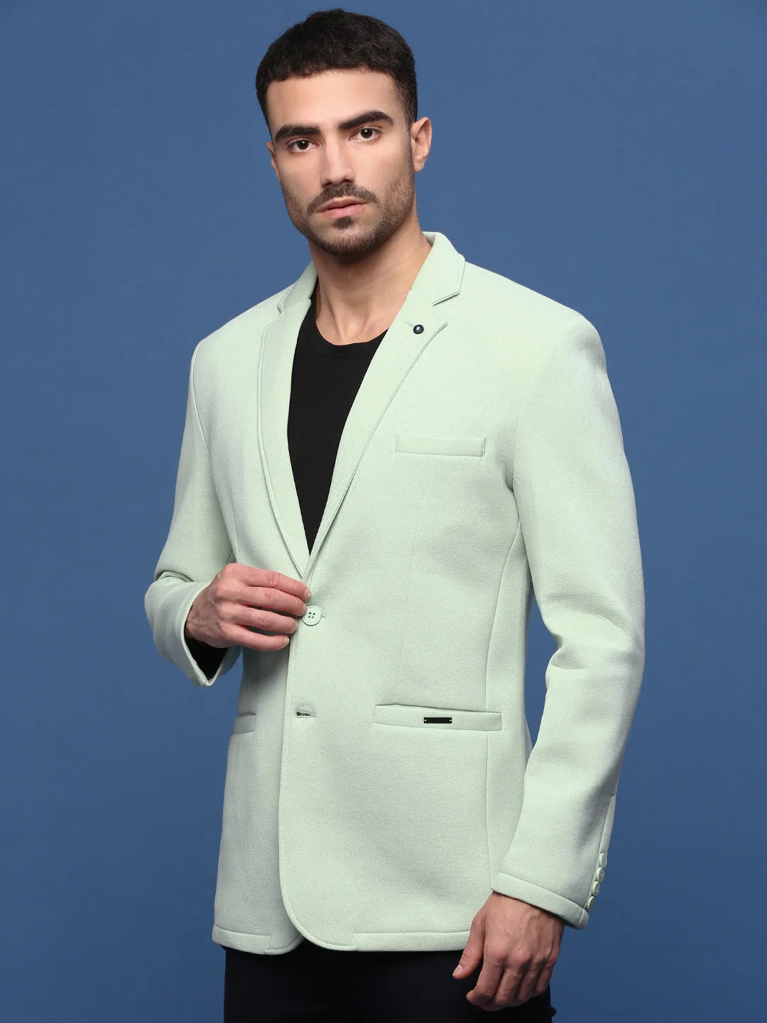 Men Sea Green Notched Lapel Collar Cotton Slim Fit Single-Breasted Blazer
