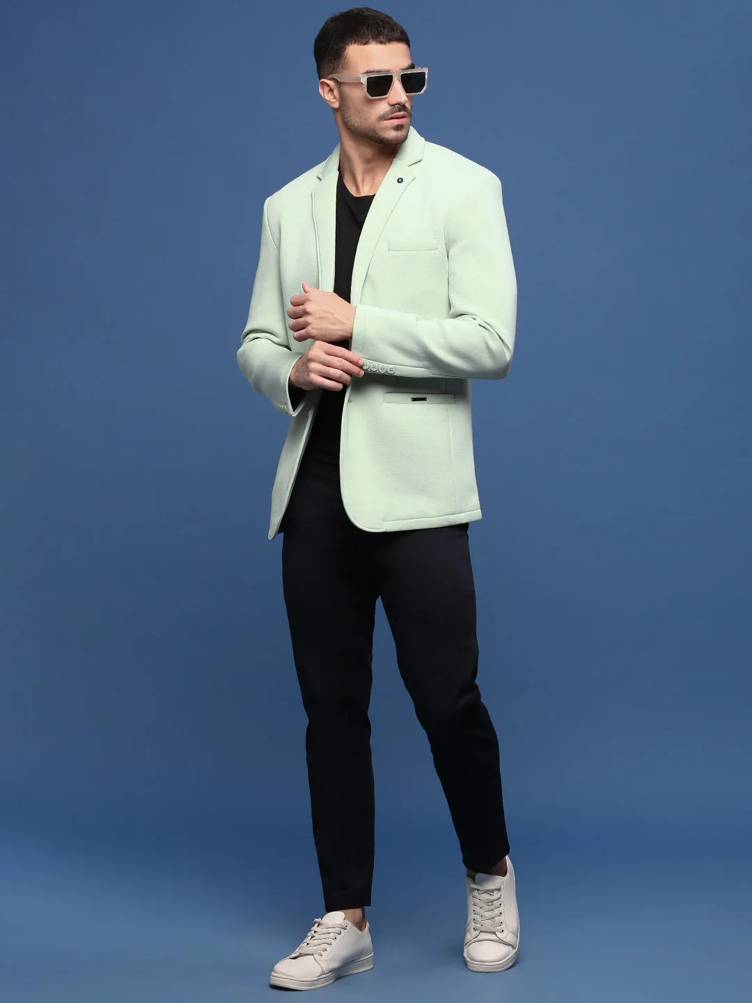 Men Sea Green Notched Lapel Collar Cotton Slim Fit Single-Breasted Blazer