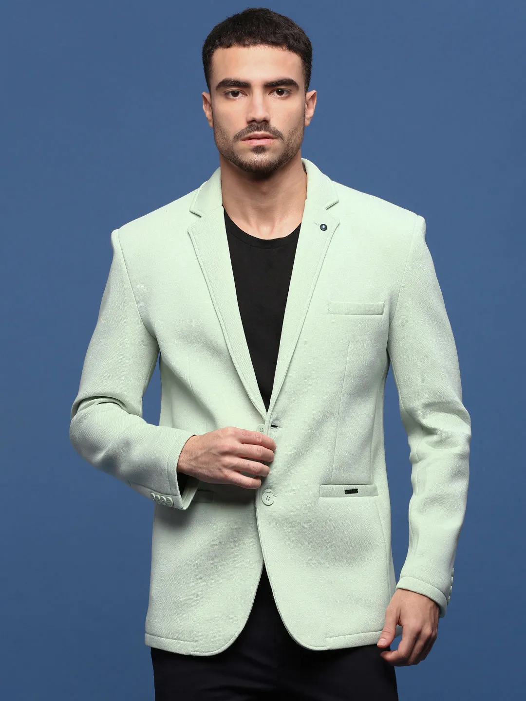 Men Sea Green Notched Lapel Collar Cotton Slim Fit Single-Breasted Blazer