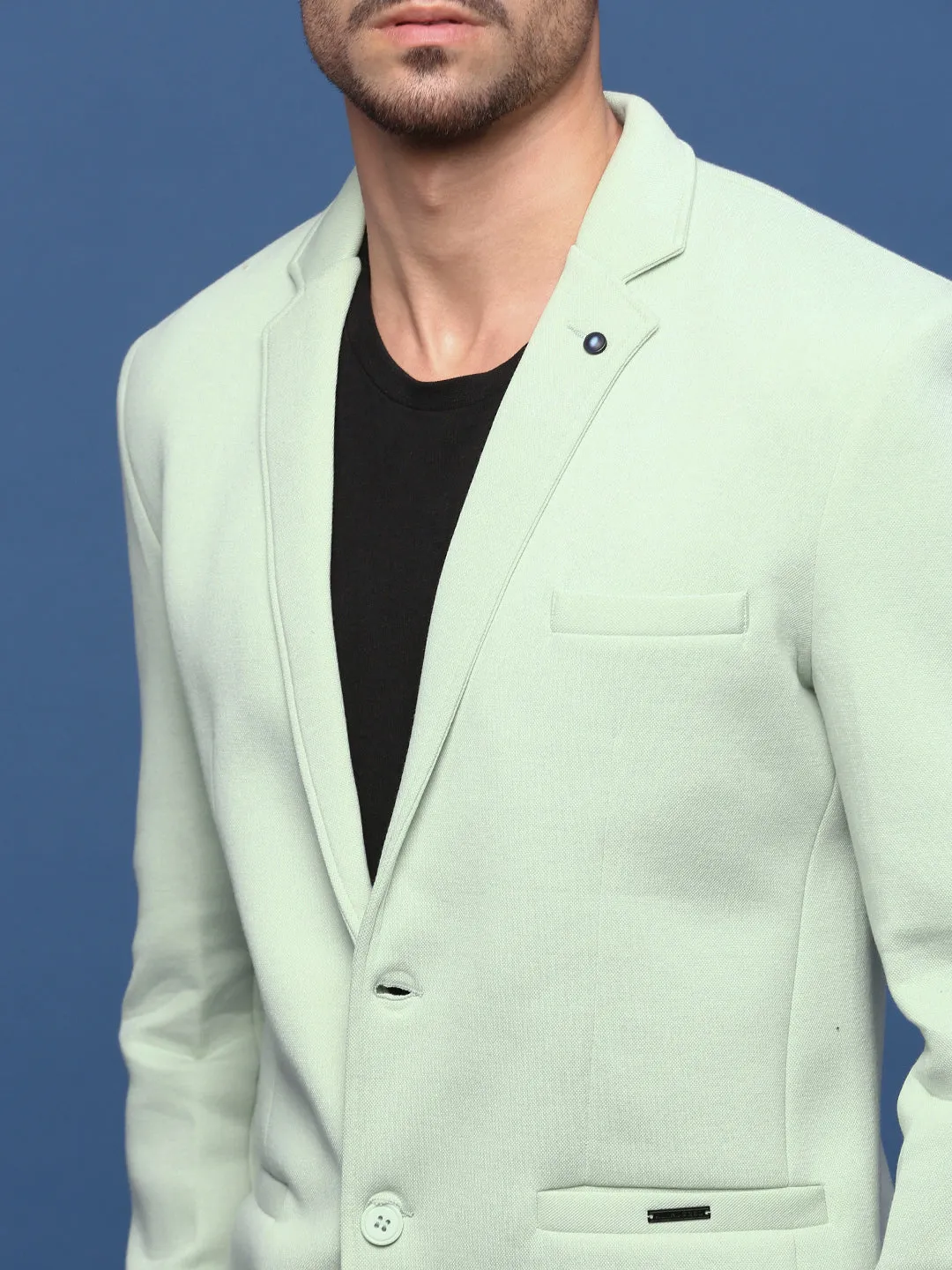 Men Sea Green Notched Lapel Collar Cotton Slim Fit Single-Breasted Blazer