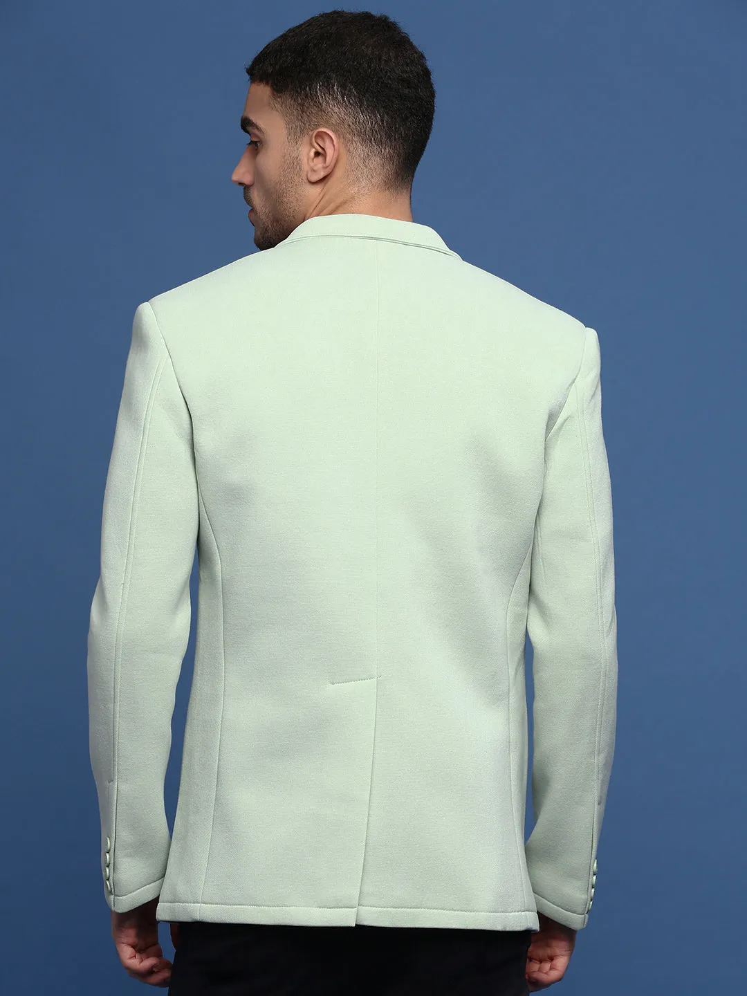 Men Sea Green Notched Lapel Collar Cotton Slim Fit Single-Breasted Blazer