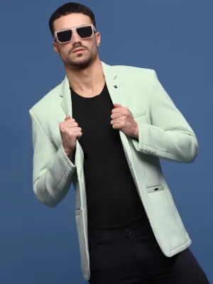 Men Sea Green Notched Lapel Collar Cotton Slim Fit Single-Breasted Blazer