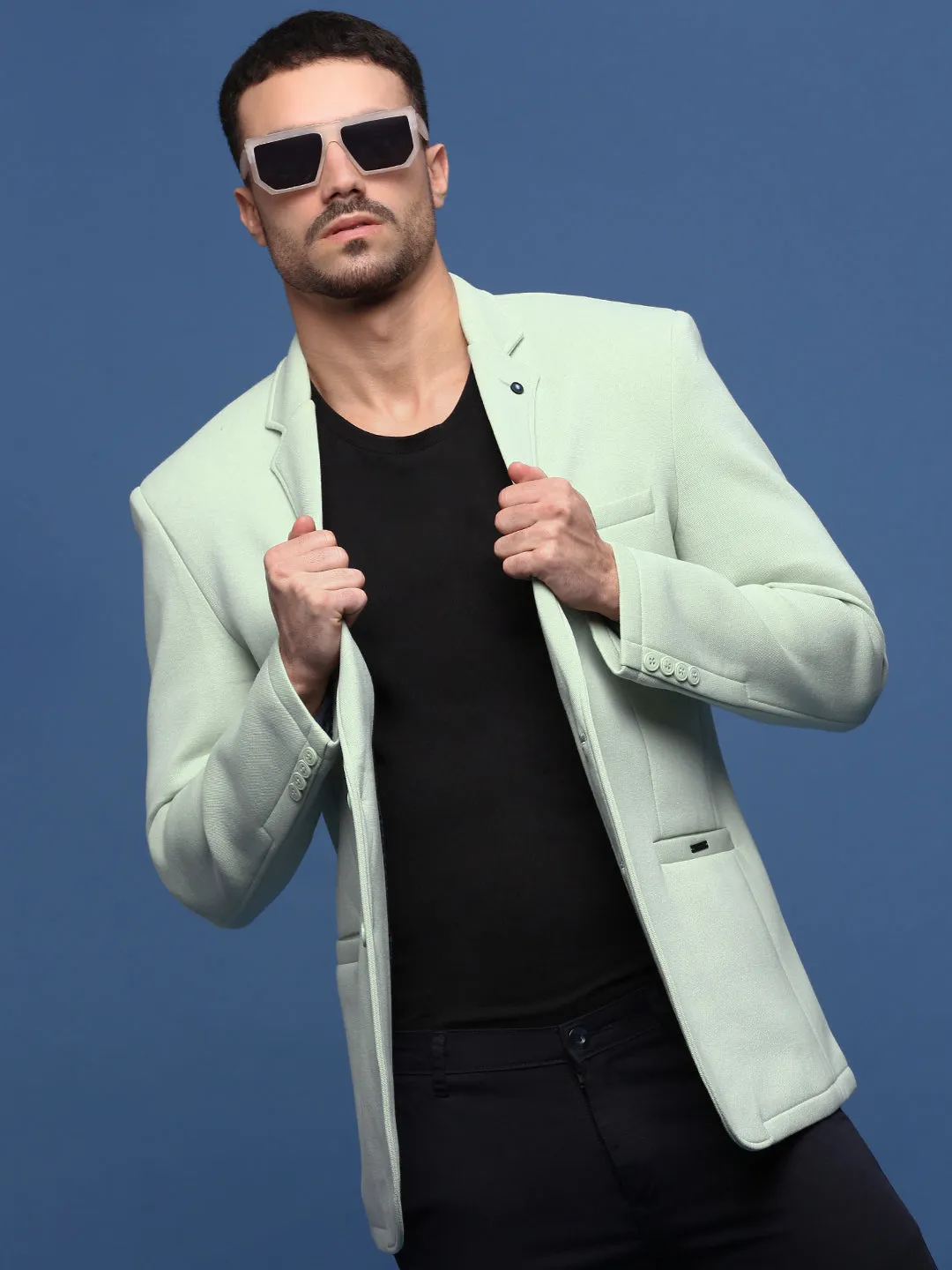 Men Sea Green Notched Lapel Collar Cotton Slim Fit Single-Breasted Blazer