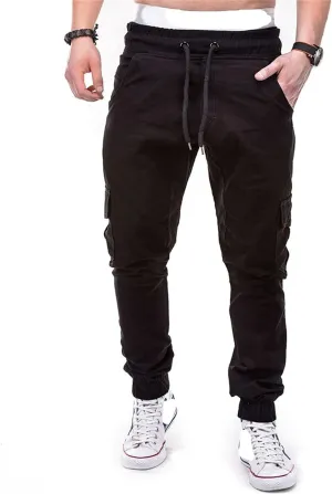 Men Slim Fit Casual Jogger Athletic Long Pant Hip Hop Chino Pocket Trousers Drawstring Outdoor Work Military Tactical Pants (Black,Small)