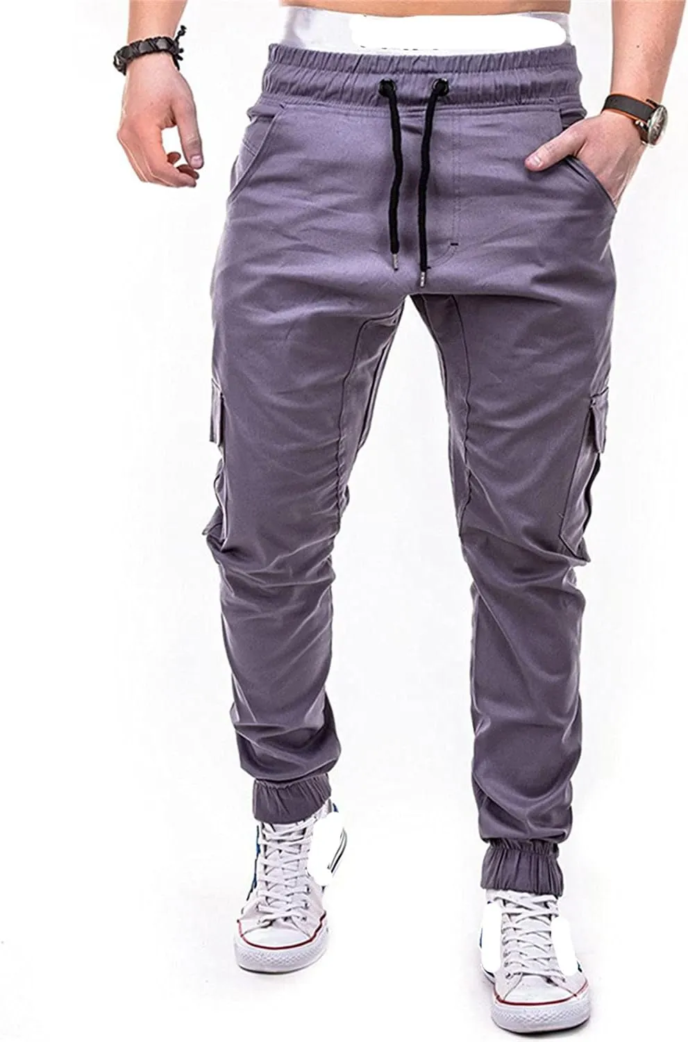Men Slim Fit Casual Jogger Athletic Long Pant Hip Hop Chino Pocket Trousers Drawstring Outdoor Work Military Tactical Pants (Gray,Medium)