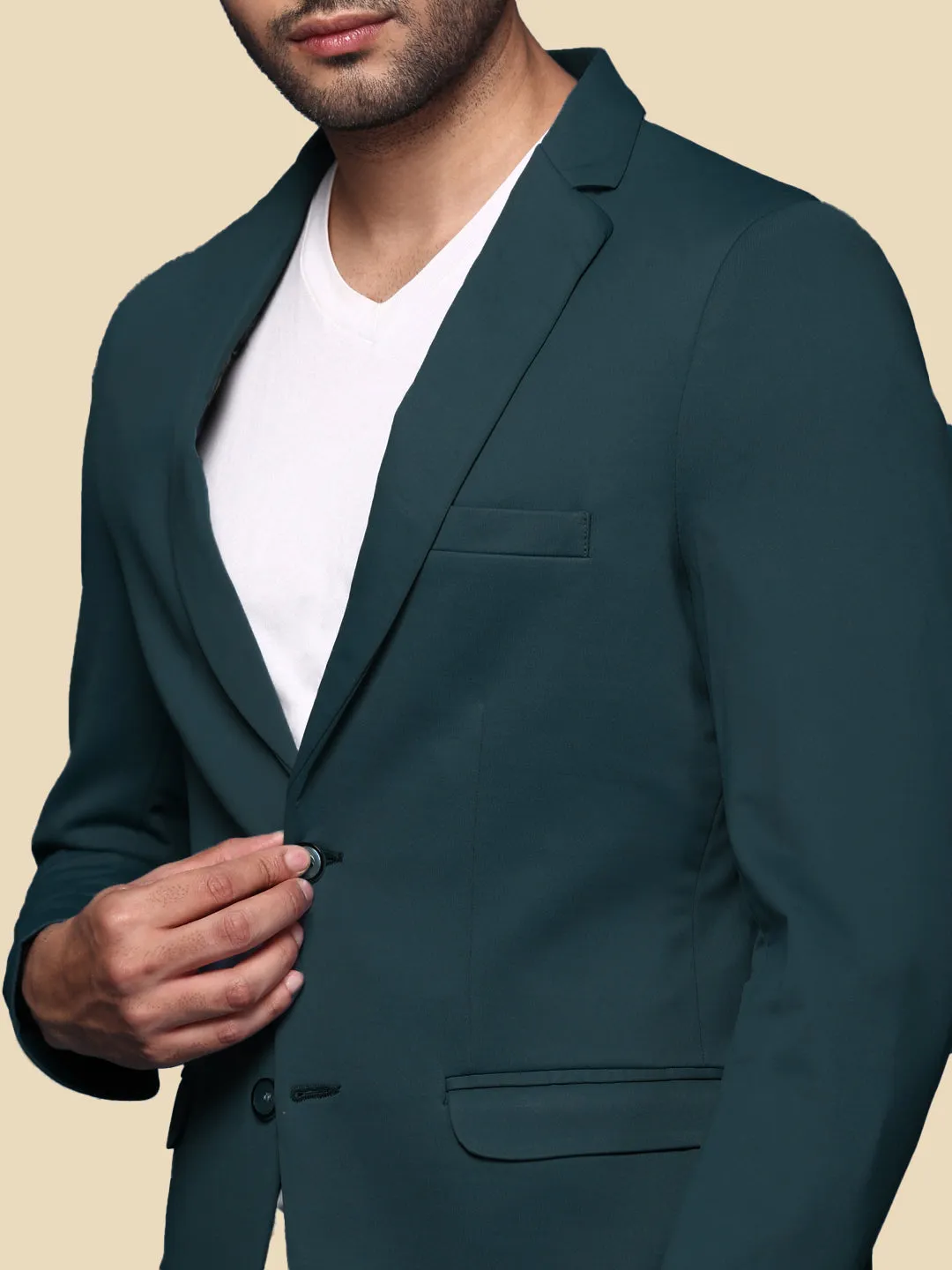 Men Teal Solid Single Breasted Blazer