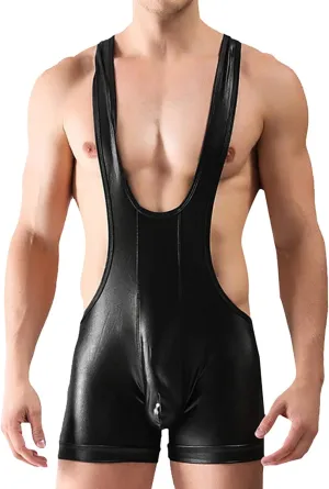 Men'S Mankini Bodysuit Singlet Leotard Vest Mesh U Convex Suit Shiny Pu Leather Boxer Briefs Wrestling Jumpsuit