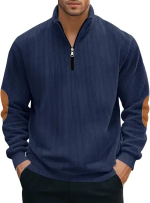 Men's Quarter Zipper Pullover Corduroy Crew Neck Sweatshirt Spring Autumn Casual Knit Long Sleeve Polo Shirt