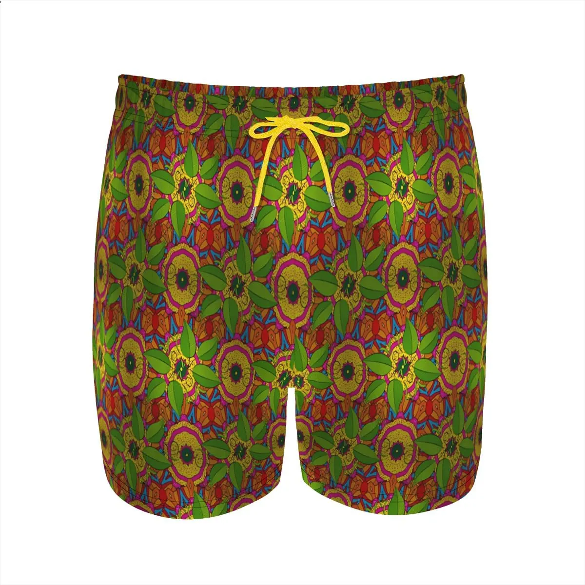 Men's Stylish Trendy Beachwear Monstera Leaf Print Swim Trunks Pockets Zippered Secure Multiple Side