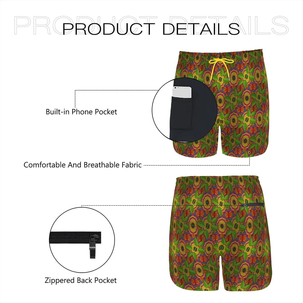 Men's Stylish Trendy Beachwear Monstera Leaf Print Swim Trunks Pockets Zippered Secure Multiple Side