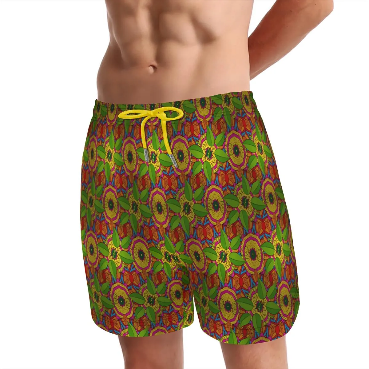 Men's Stylish Trendy Beachwear Monstera Leaf Print Swim Trunks Pockets Zippered Secure Multiple Side