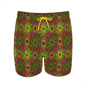 Men's Stylish Trendy Beachwear Monstera Leaf Print Swim Trunks Pockets Zippered Secure Multiple Side