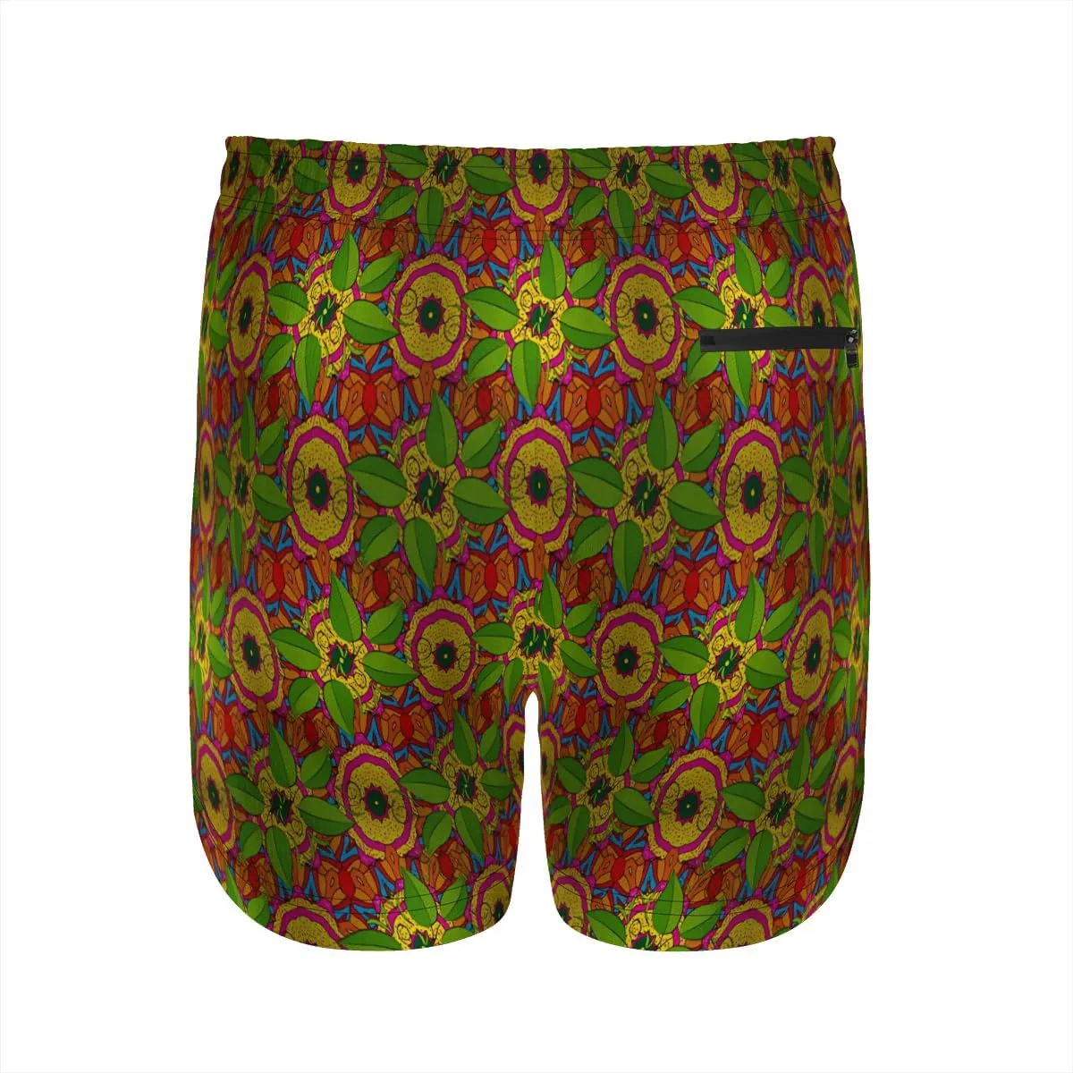 Men's Stylish Trendy Beachwear Monstera Leaf Print Swim Trunks Pockets Zippered Secure Multiple Side