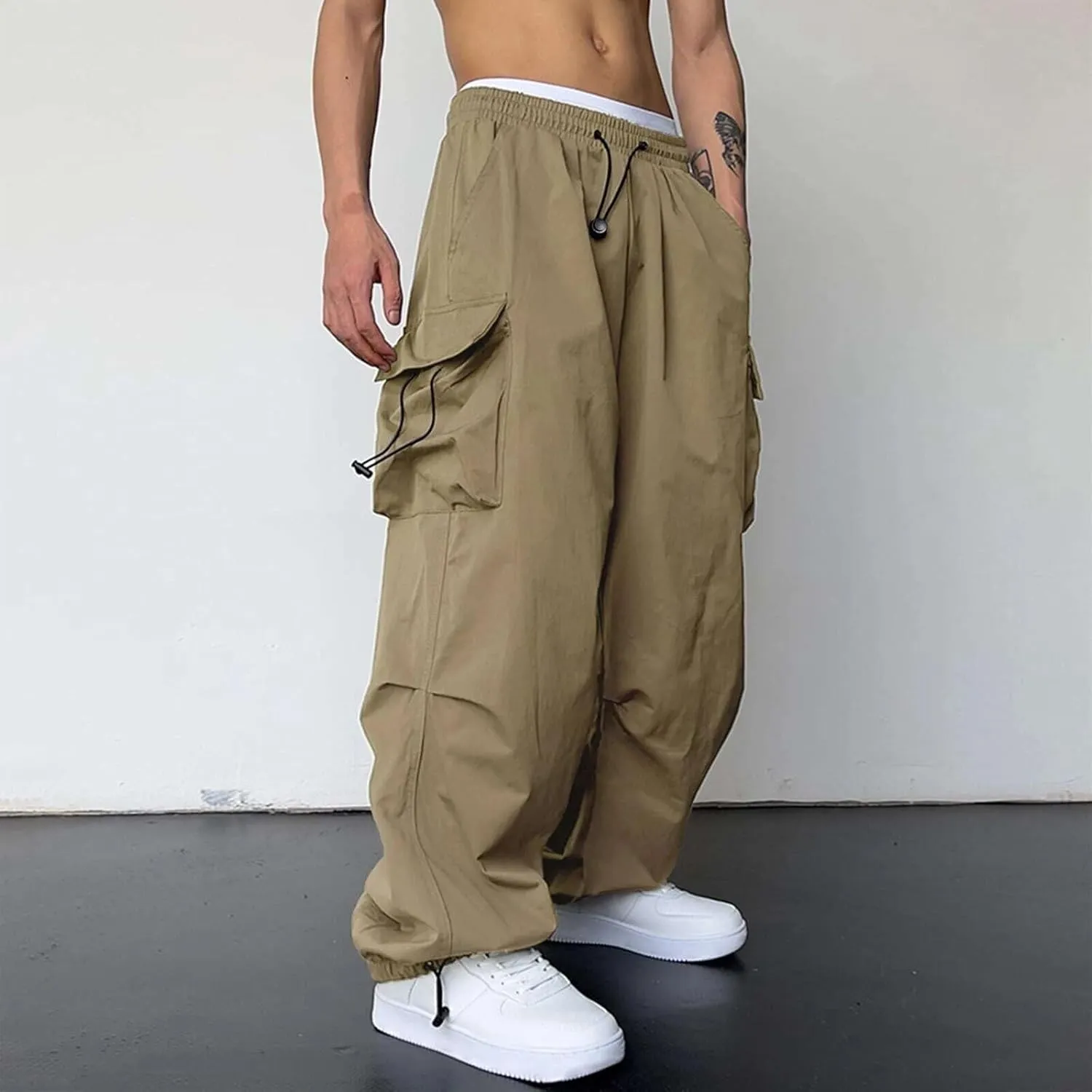 Men's Trendy Loose Fit Baggy Parachute Cargo Pants Drawstring Casual Harem Joggers with Pockets for Outdoor Work Beach