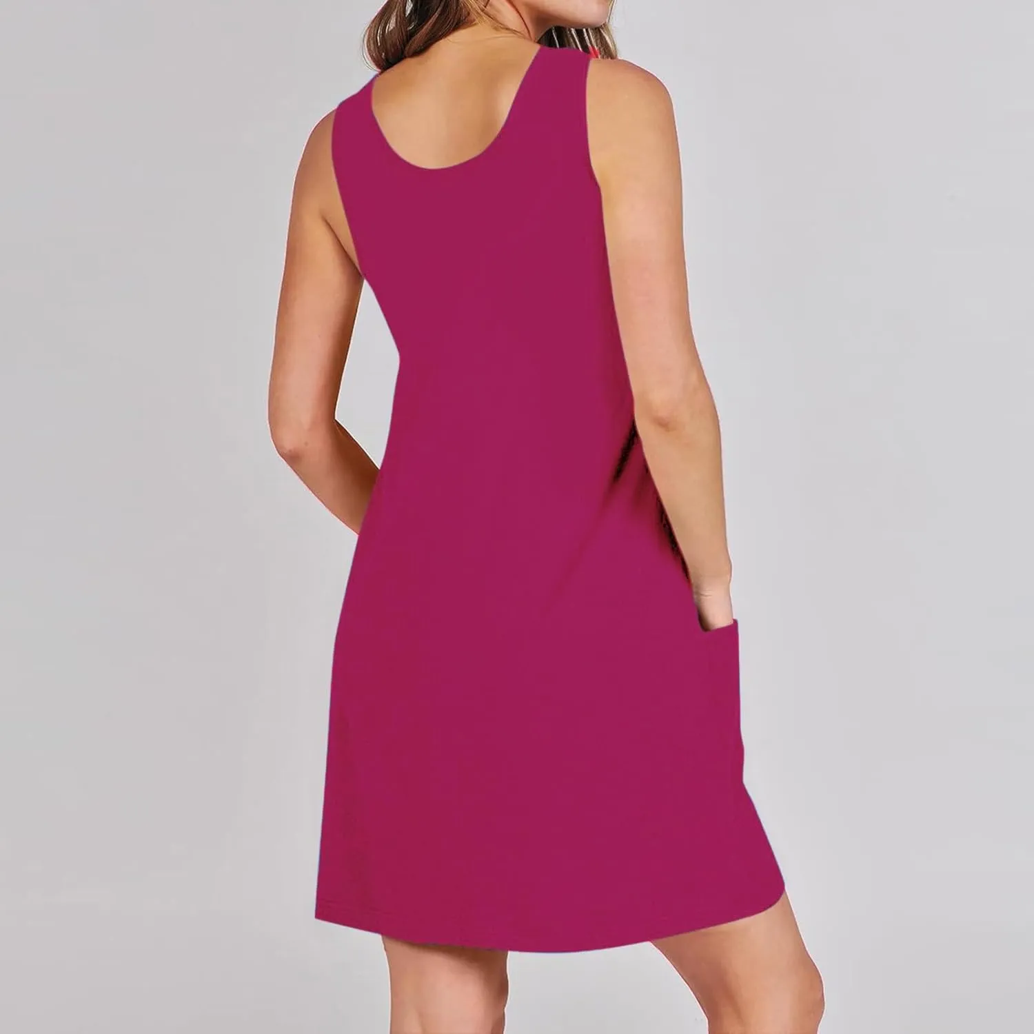 Mini Dress for Women Summer U Neck Sleeveless Beach Dresses Casual Solid Loose Fit Vacation Sundress with Pockets