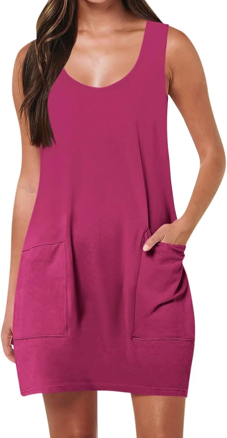 Mini Dress for Women Summer U Neck Sleeveless Beach Dresses Casual Solid Loose Fit Vacation Sundress with Pockets