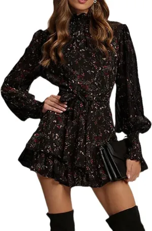MOLERFO Women's Floral Print Mini Dress Mock Neck Sheer Long Sleeve Dress Tie Waist Layered Ruffle Dresses (Black,Medium)