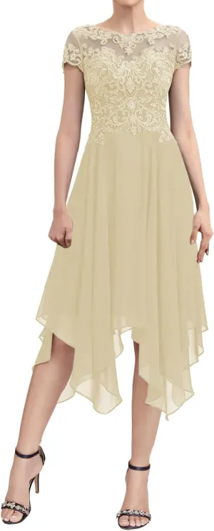 Mother of The Bride Dresses Lace Tea Length Wedding Guest Dresses for Women Short Sleeve Chiffon Evening Dresses