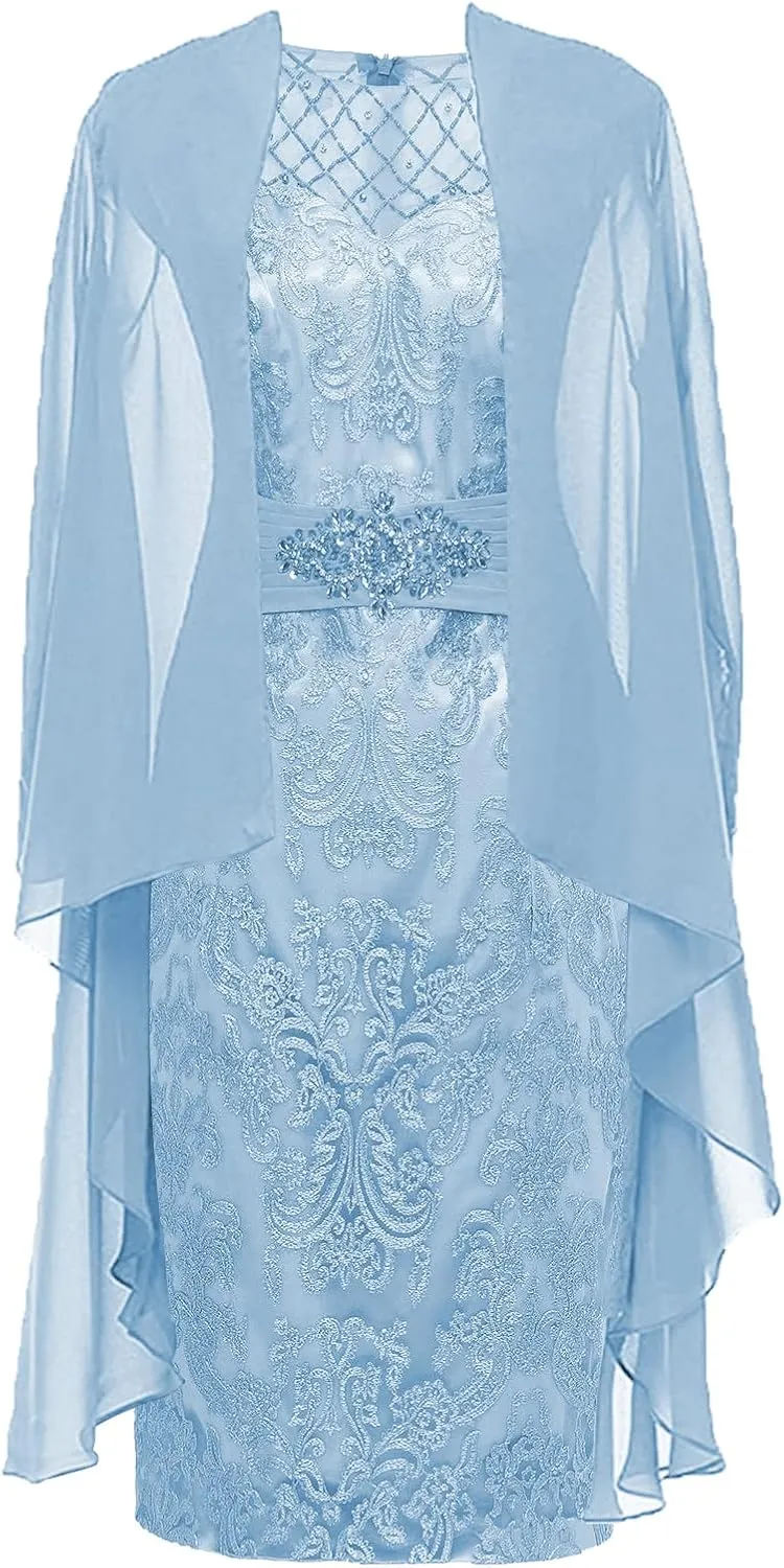 Mother of The Bride Dresses with Jacket 2 Pieces Tea Length Evening Gown Chiffon Wedding Guest Dresses for Women