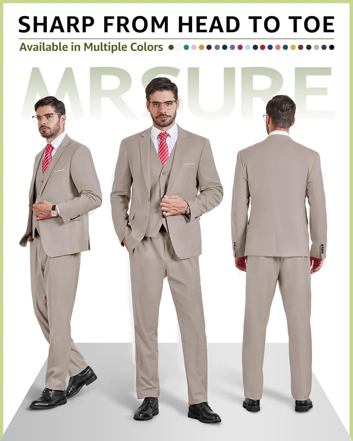 MrSure Mens 3 Pieces Suit, Slim Fit Tuxedo with One Button, Jacket Vest Pants & Tie Set for Party, Wedding and Business