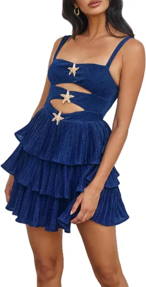 NUFIWI Women Y2k Glitter Starfish Short Dress Sleeveless Tiered Ruffle Hem Mini Dress Hollow Cut Out Beach Party Dresses