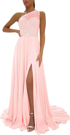 One Shoulder Laces Bridesmaid Dresses for Wedding Long A-Line Chiffon Formal Evening Party Gown with Slit