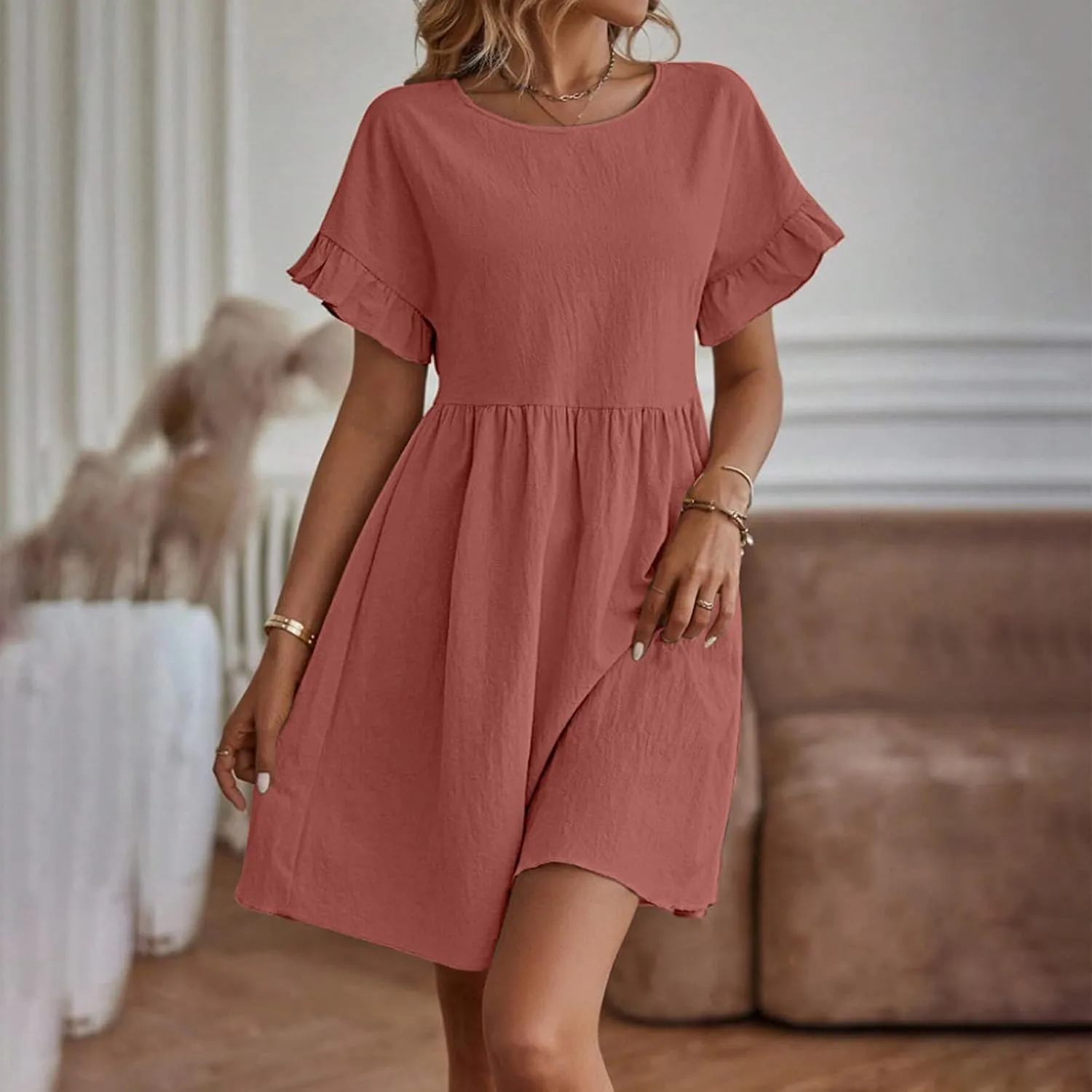 Oplxuo Women's Ruffle Sleeve Round Neck Mini Dress High Waist Solid Color Casual Loose Summer Beach Dresses