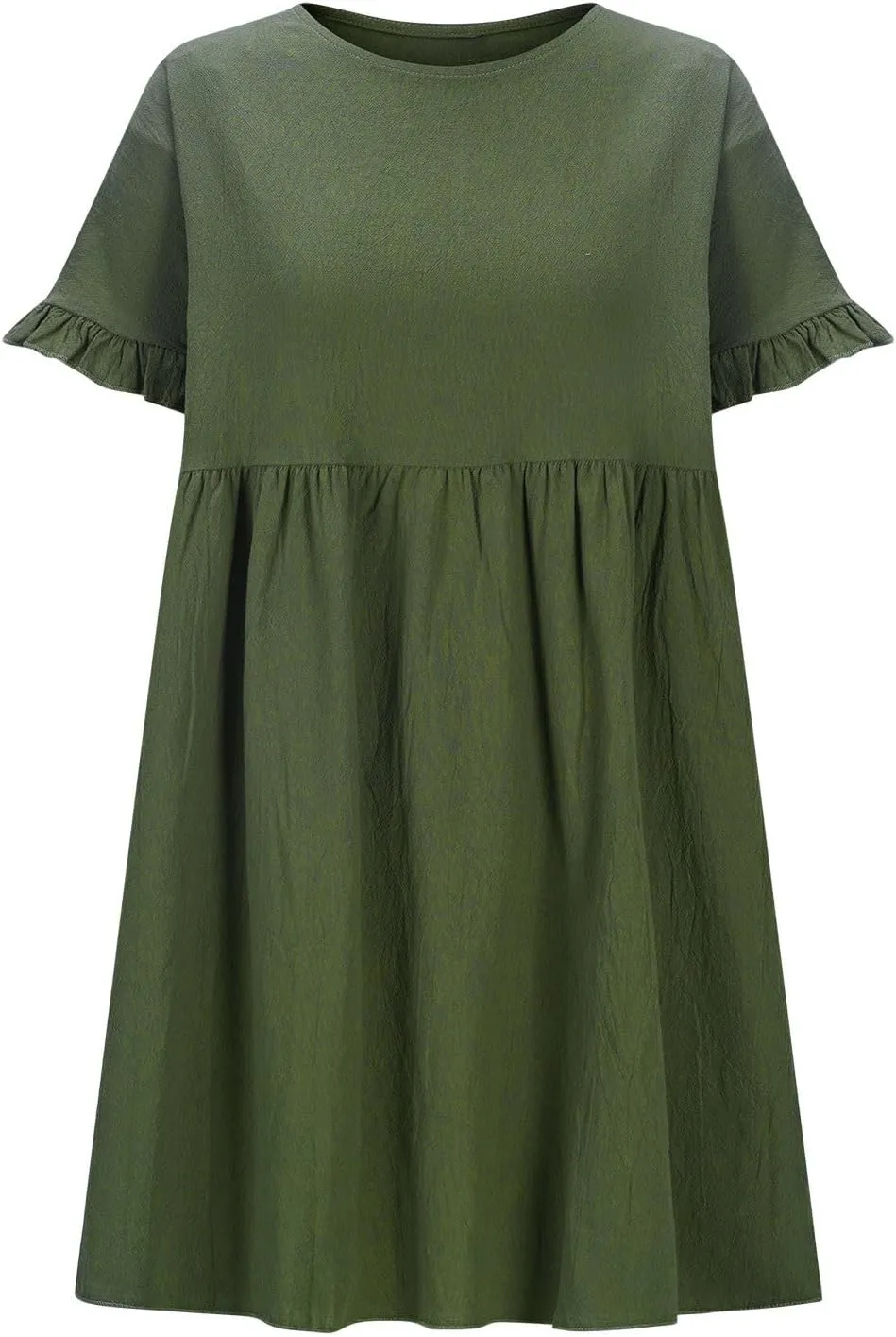 Oplxuo Women's Ruffle Sleeve Round Neck Mini Dress High Waist Solid Color Casual Loose Summer Beach Dresses