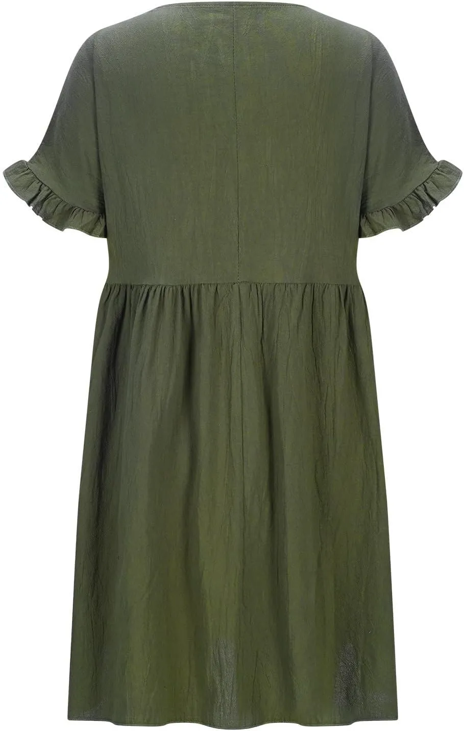 Oplxuo Women's Ruffle Sleeve Round Neck Mini Dress High Waist Solid Color Casual Loose Summer Beach Dresses