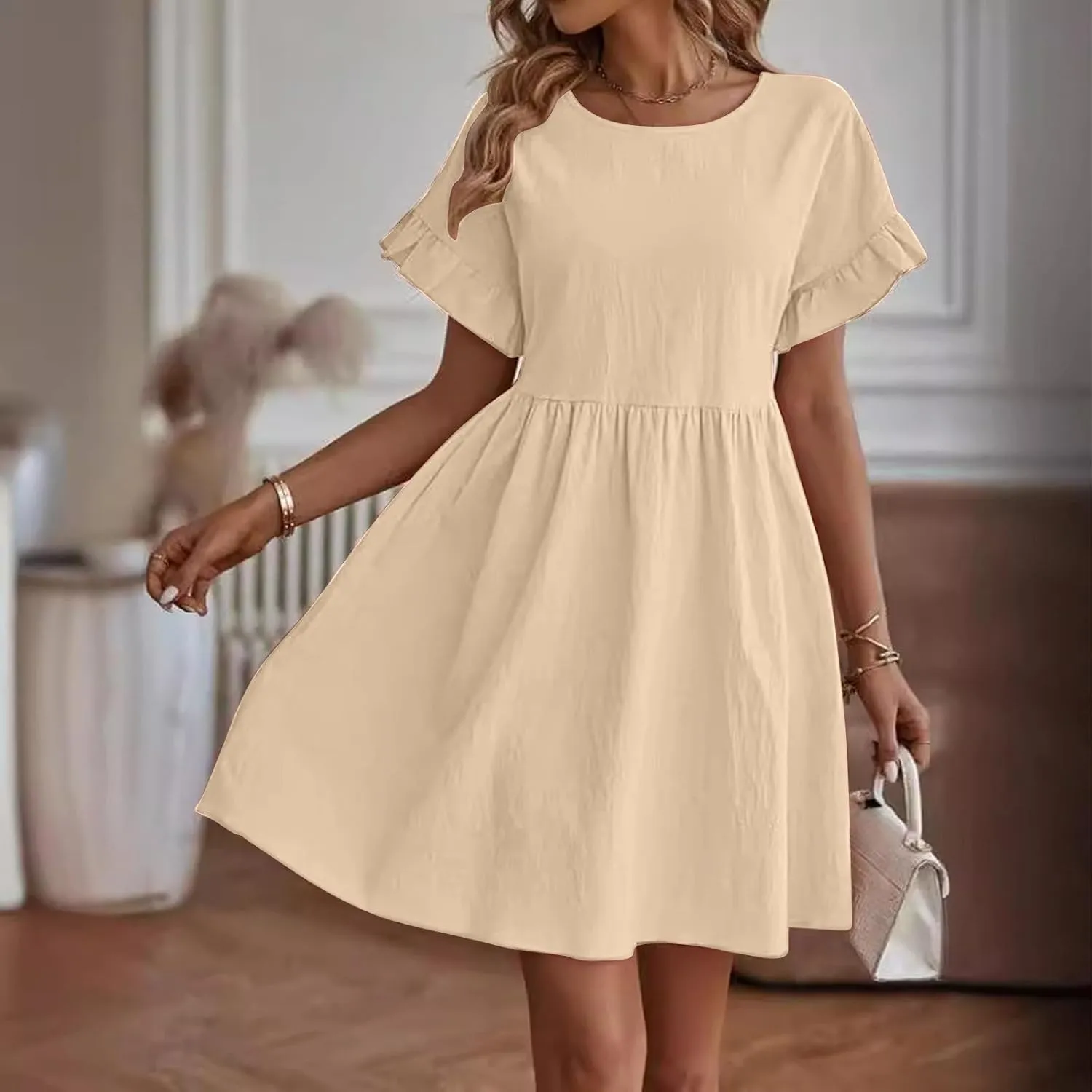 Oplxuo Women's Ruffle Sleeve Round Neck Mini Dress High Waist Solid Color Casual Loose Summer Beach Dresses
