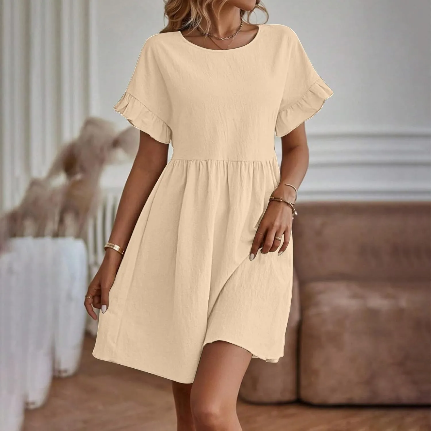 Oplxuo Women's Ruffle Sleeve Round Neck Mini Dress High Waist Solid Color Casual Loose Summer Beach Dresses