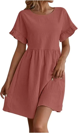 Oplxuo Women's Ruffle Sleeve Round Neck Mini Dress High Waist Solid Color Casual Loose Summer Beach Dresses