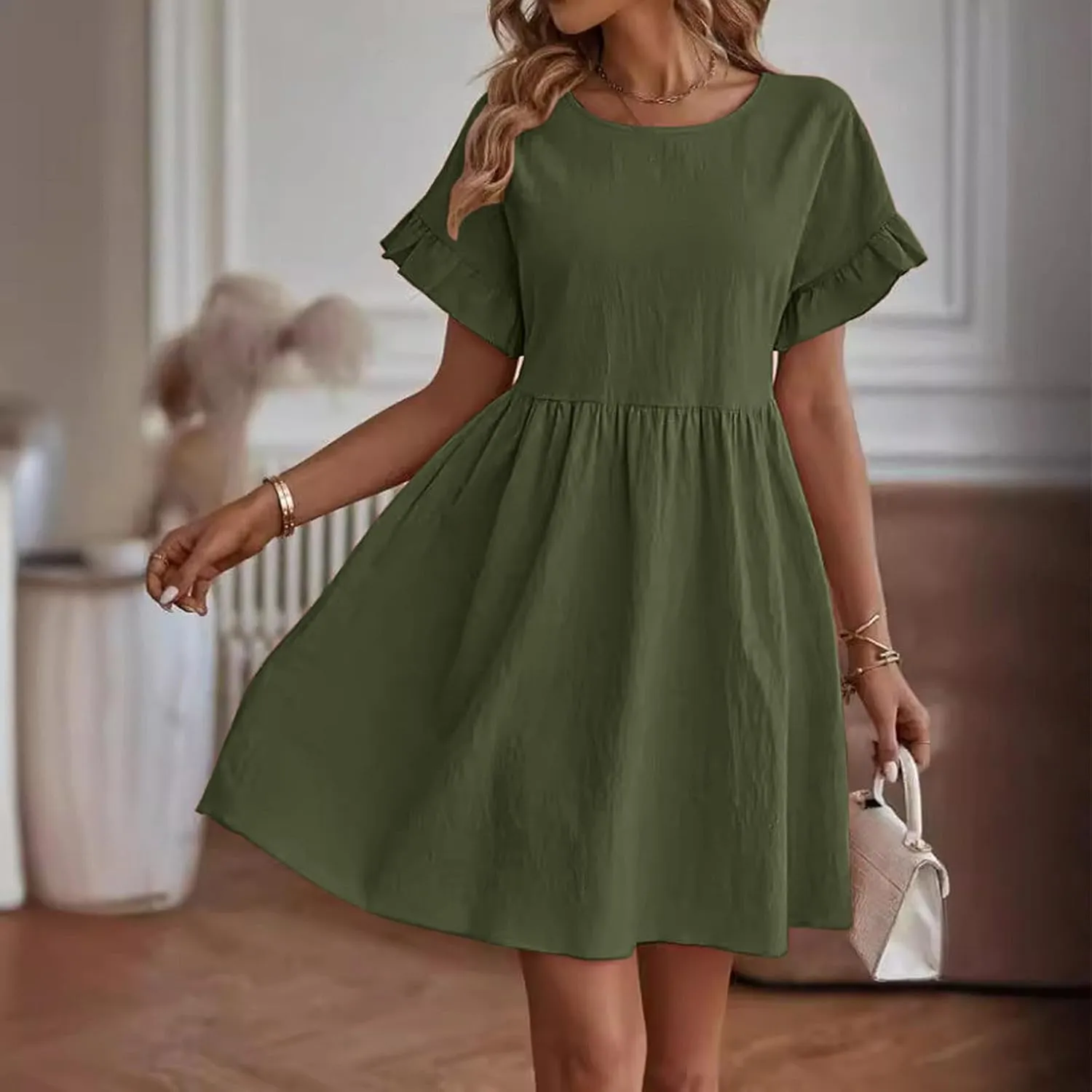Oplxuo Women's Ruffle Sleeve Round Neck Mini Dress High Waist Solid Color Casual Loose Summer Beach Dresses