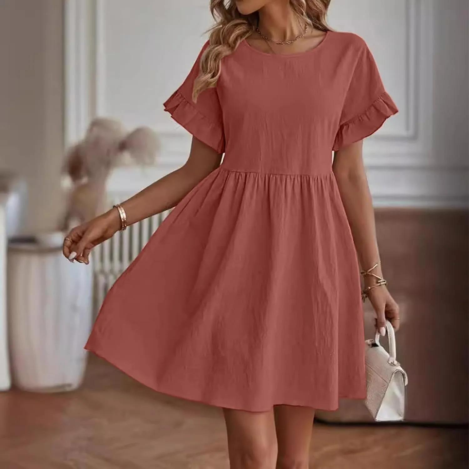 Oplxuo Women's Ruffle Sleeve Round Neck Mini Dress High Waist Solid Color Casual Loose Summer Beach Dresses