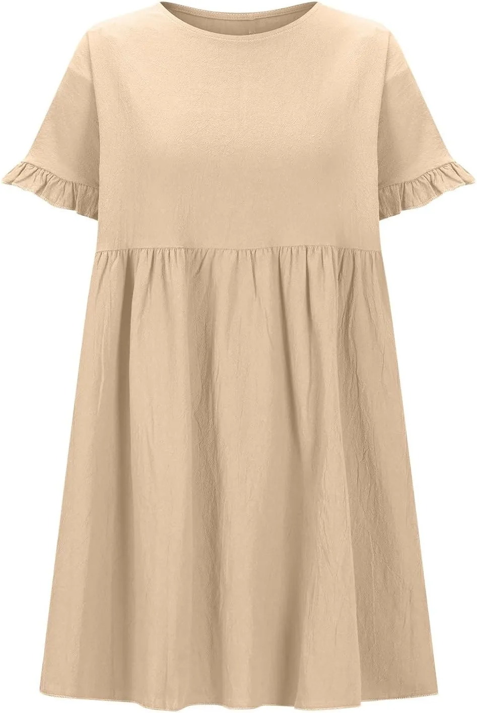 Oplxuo Women's Ruffle Sleeve Round Neck Mini Dress High Waist Solid Color Casual Loose Summer Beach Dresses